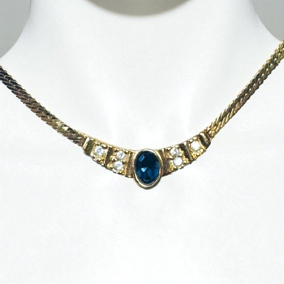 Avon Jewelry - Vintage Avon 80s Blue Sapphire & Rhinestones Gold-Tone Choker Necklace